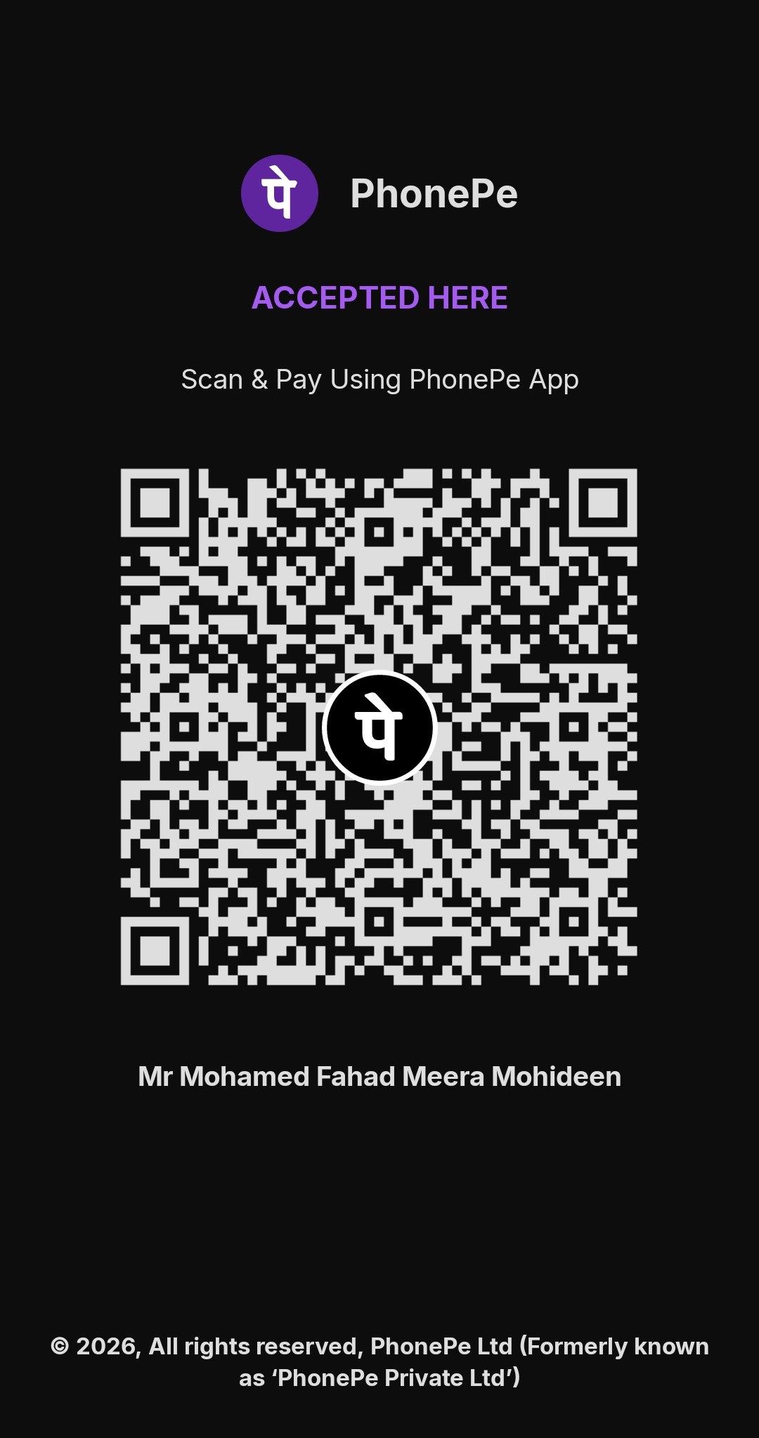 PhonePe payment QR code for Mohamed Fahad Meera Mohideen